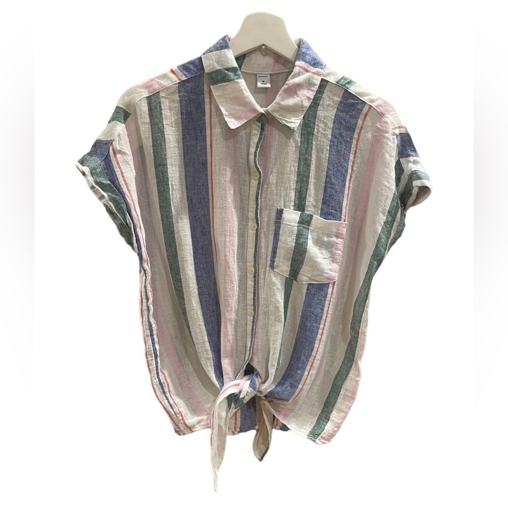 Linen Blend Button Up Short Sleeve Blouse